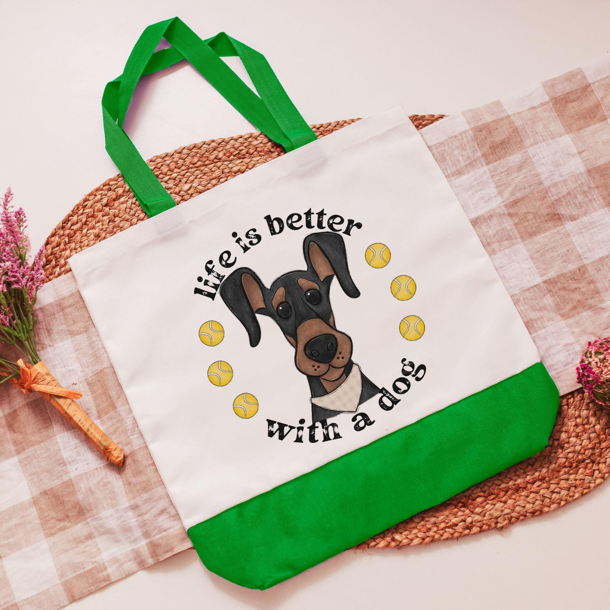 Life is better with a dog, Doberman tote bag