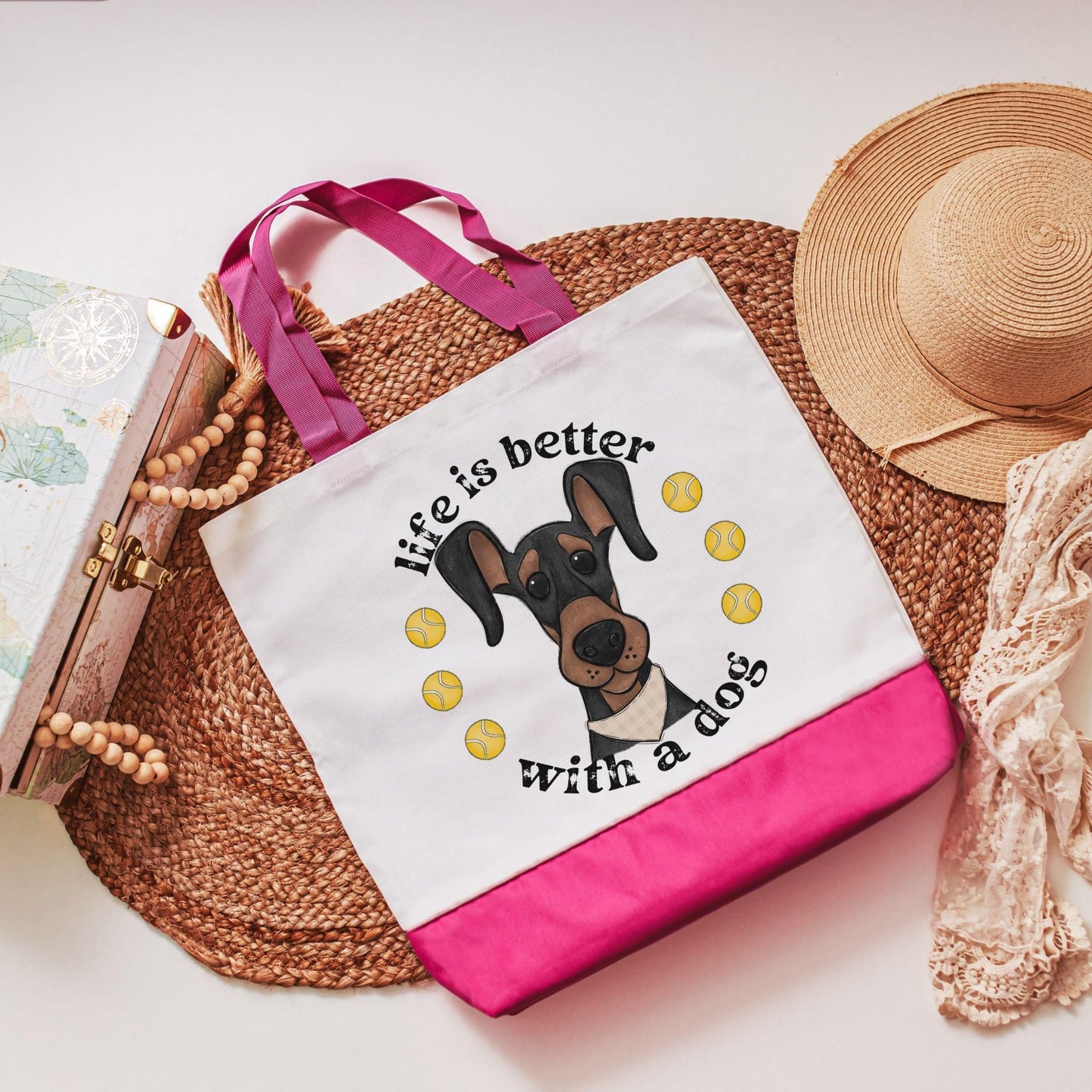 Life is better with a dog, Doberman tote bag