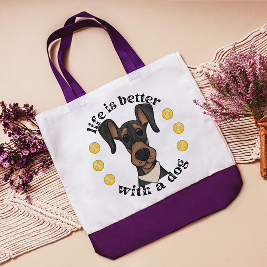 Life is better with a dog, Doberman tote bag