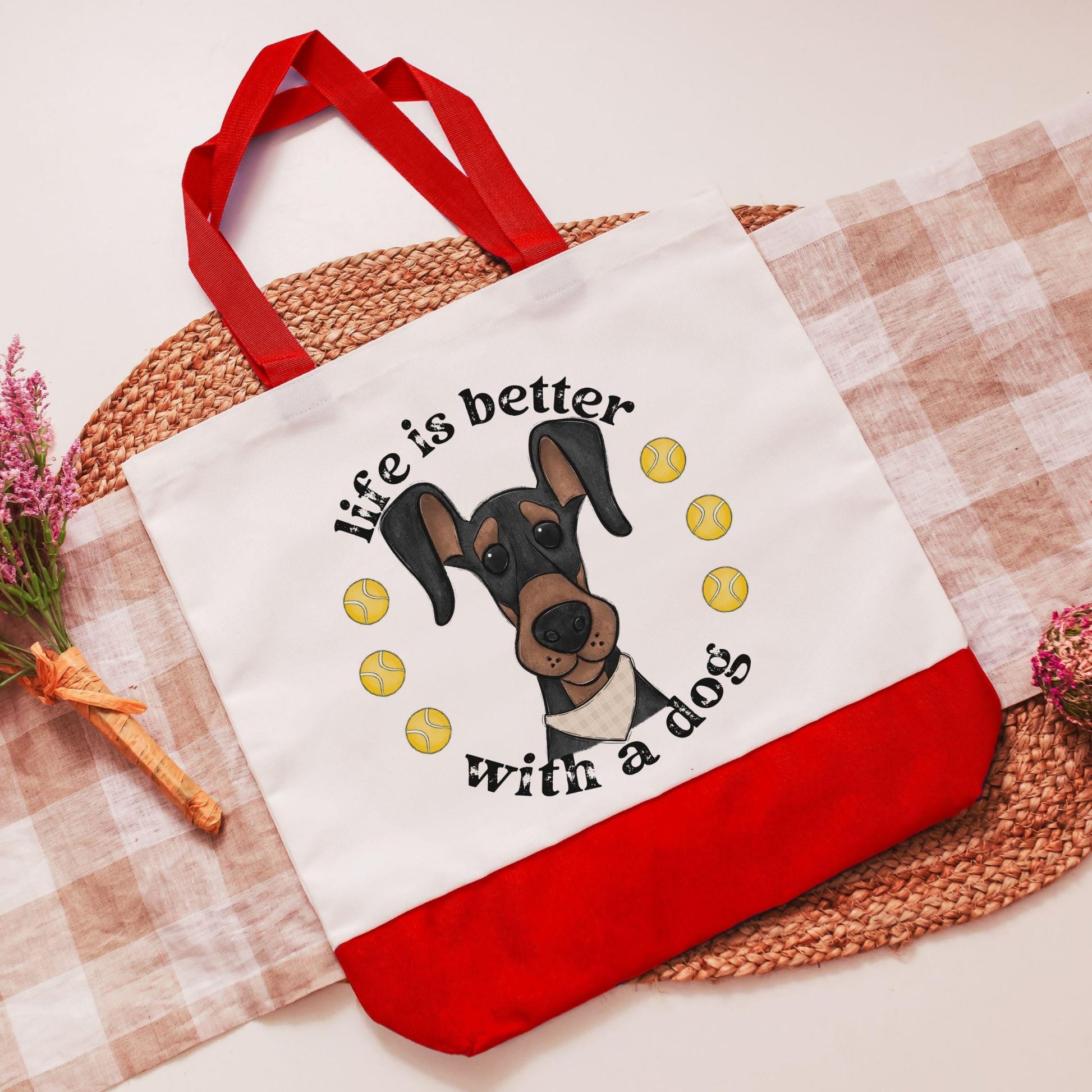 Life is better with a dog, Doberman tote bag