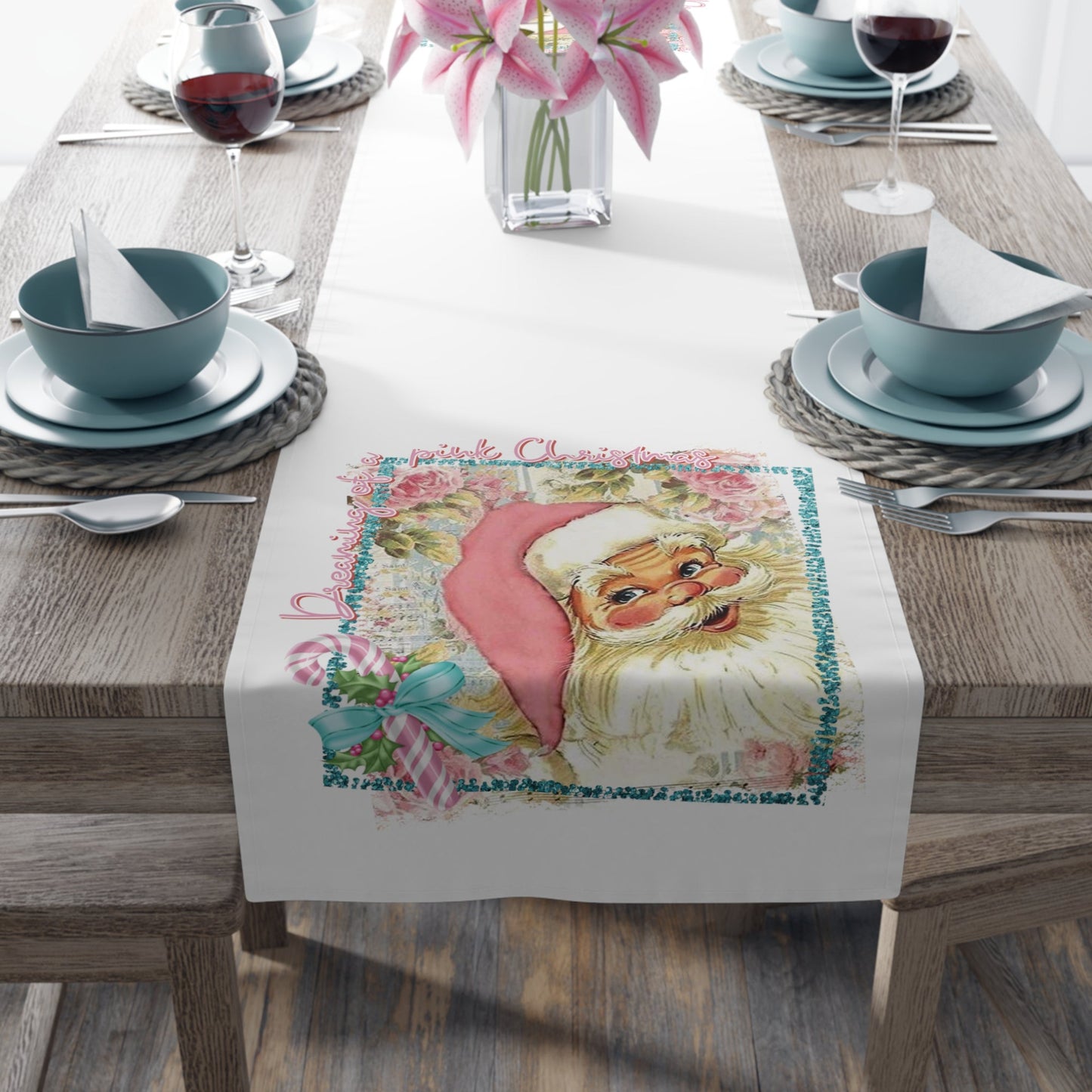 Pink Christmas Santa Table Runner