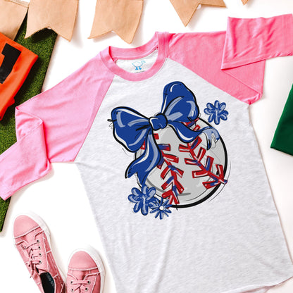 Play Ball Baseball Bow Shirt - Pink Sleeves