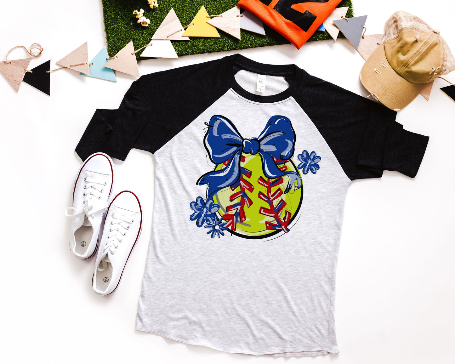 Play Ball Softball Bow Shirt - Black Sleeves