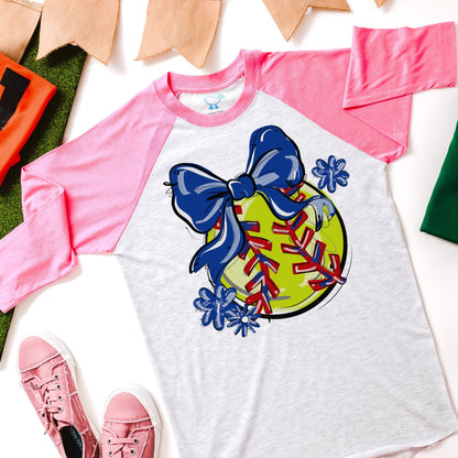 Play Ball Softball Bow Shirt - Pink Sleeves