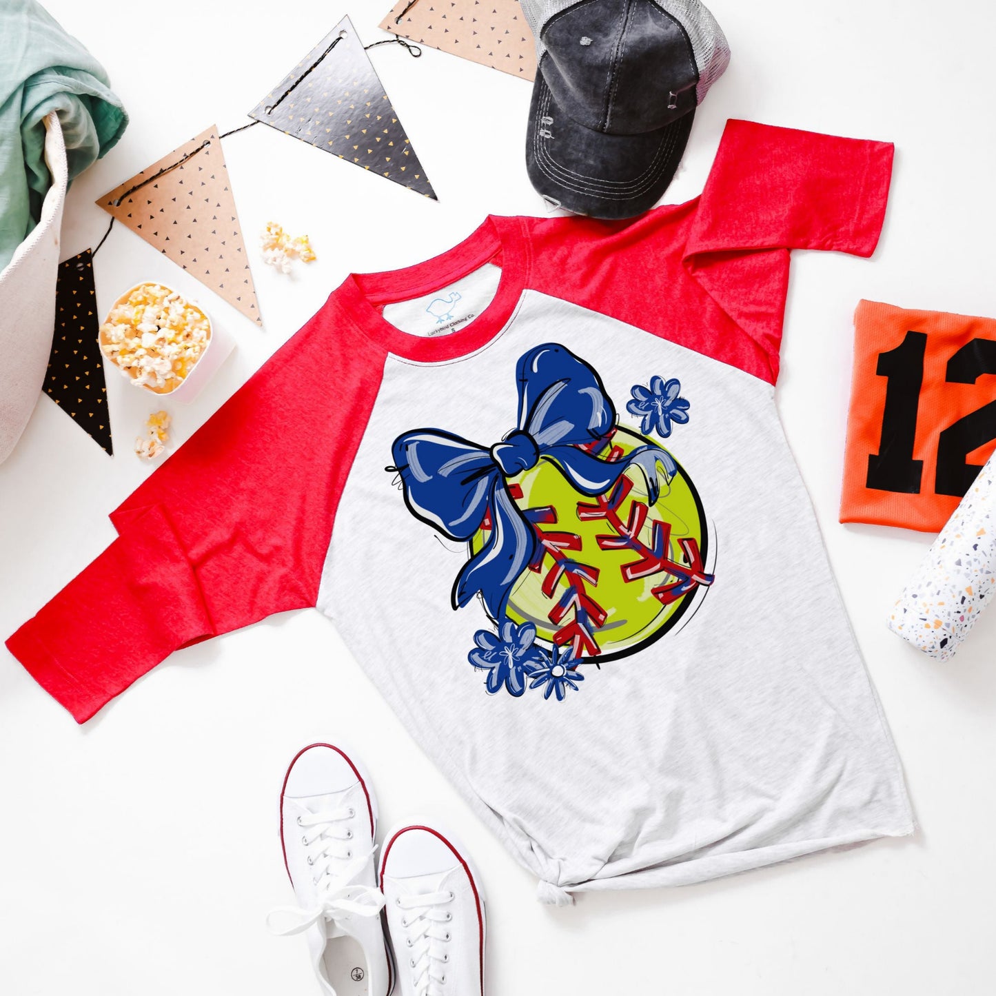 Play Ball Softball Bow Shirt - Red Sleeves