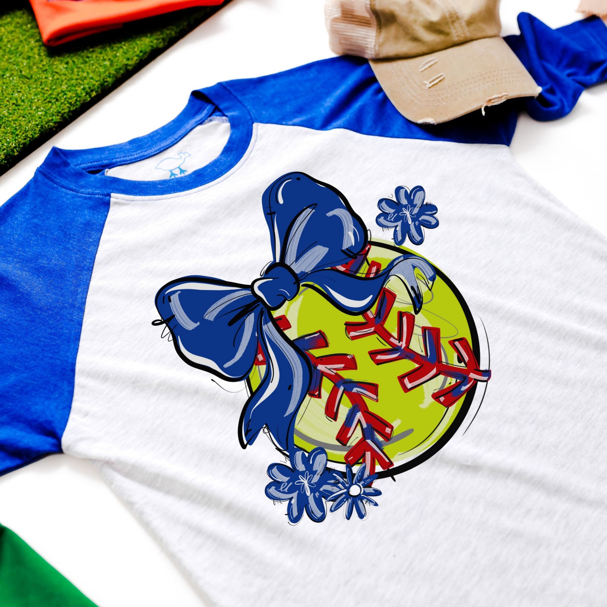 Play Ball Softball Bow Shirt - Royal Blue Sleeves