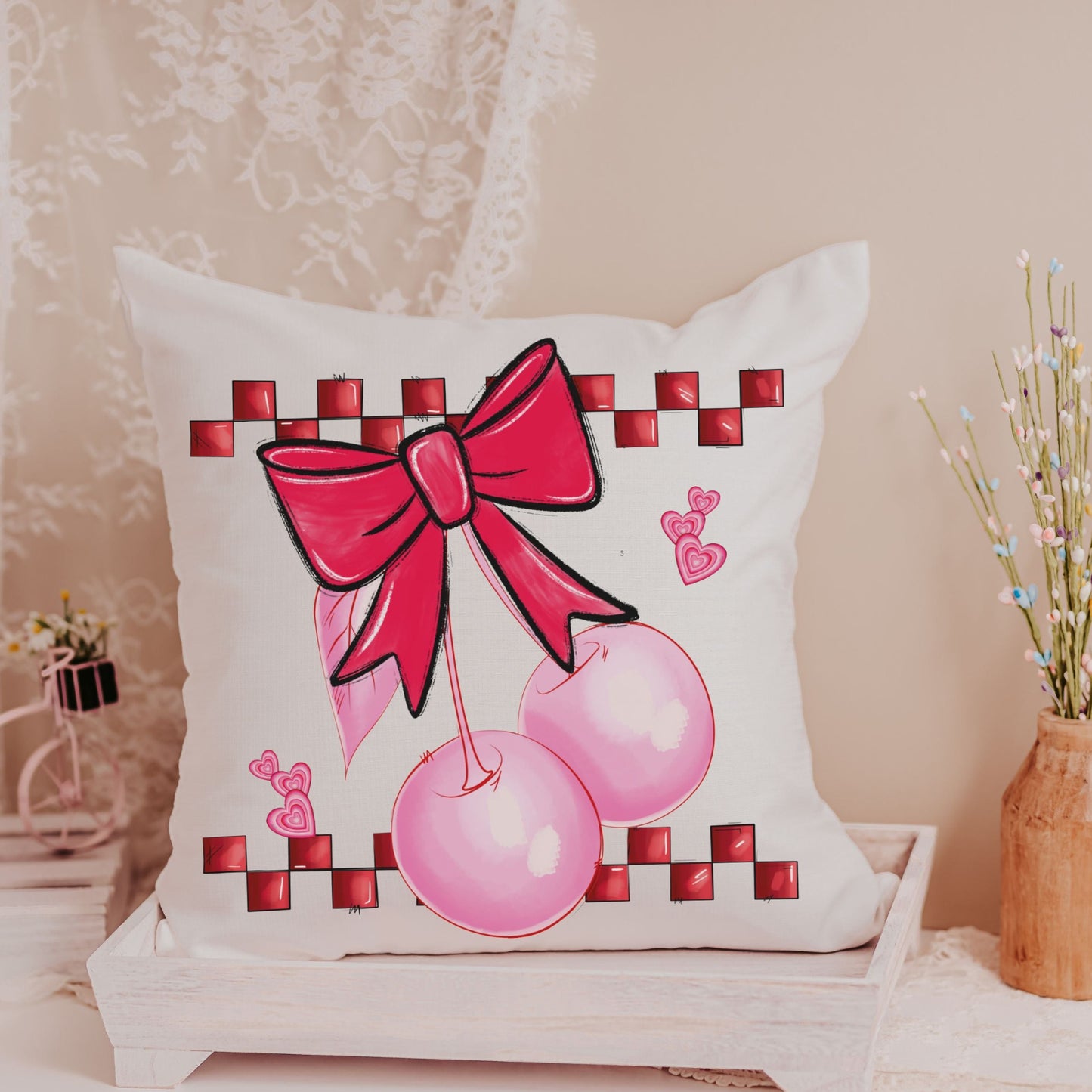 cherry bow throw pillow
