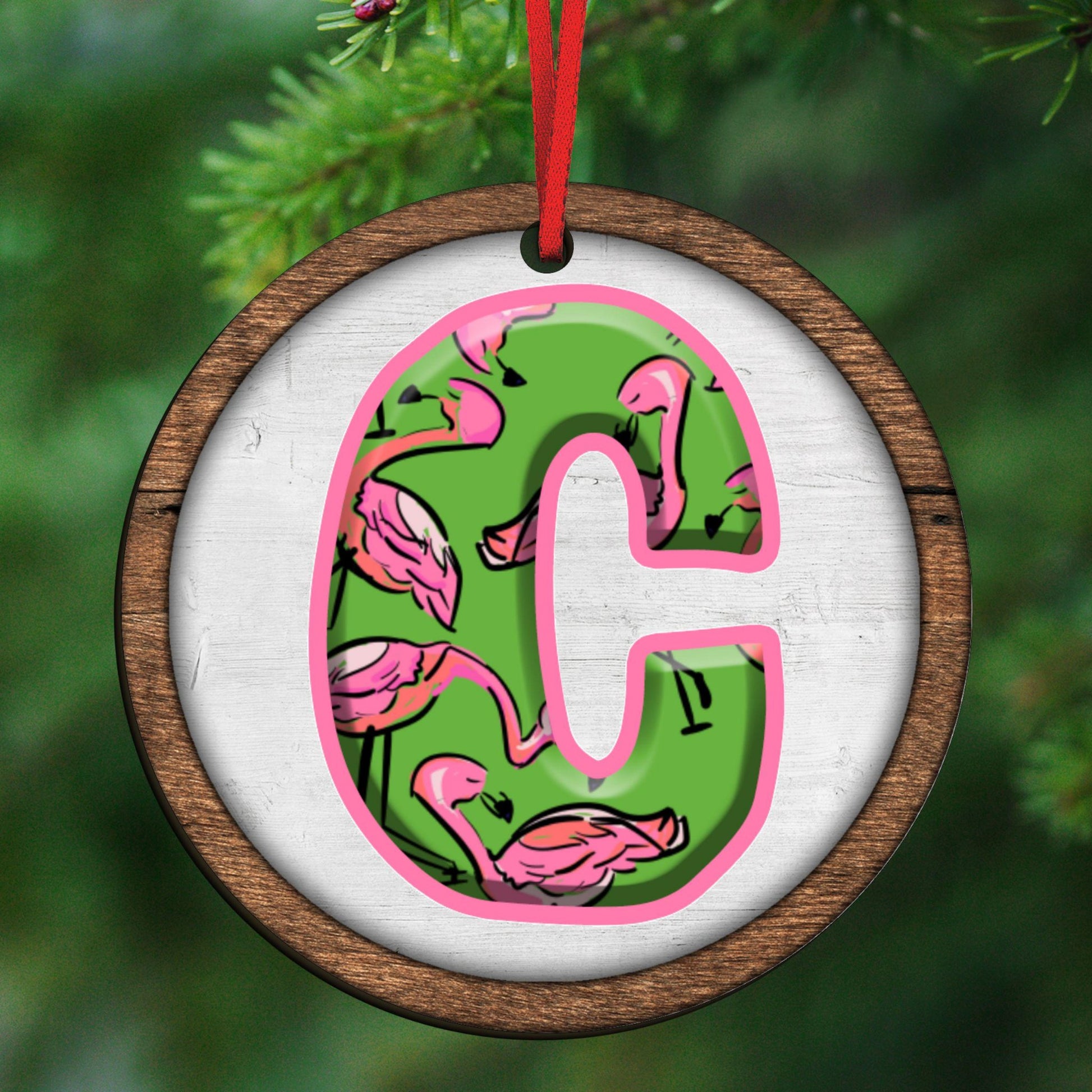 custom initial flamingo ornament