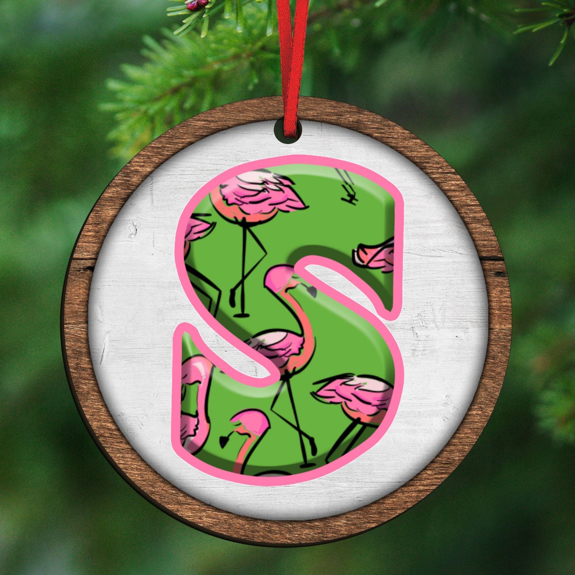 custom initial flamingo ornament