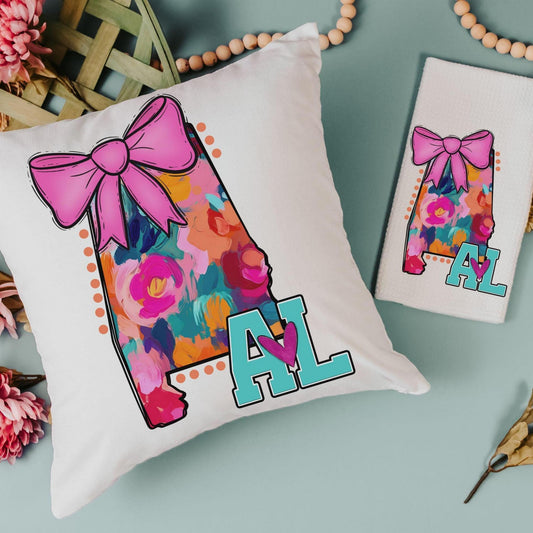custom watercolor state coquette bow throw pillow and towel set