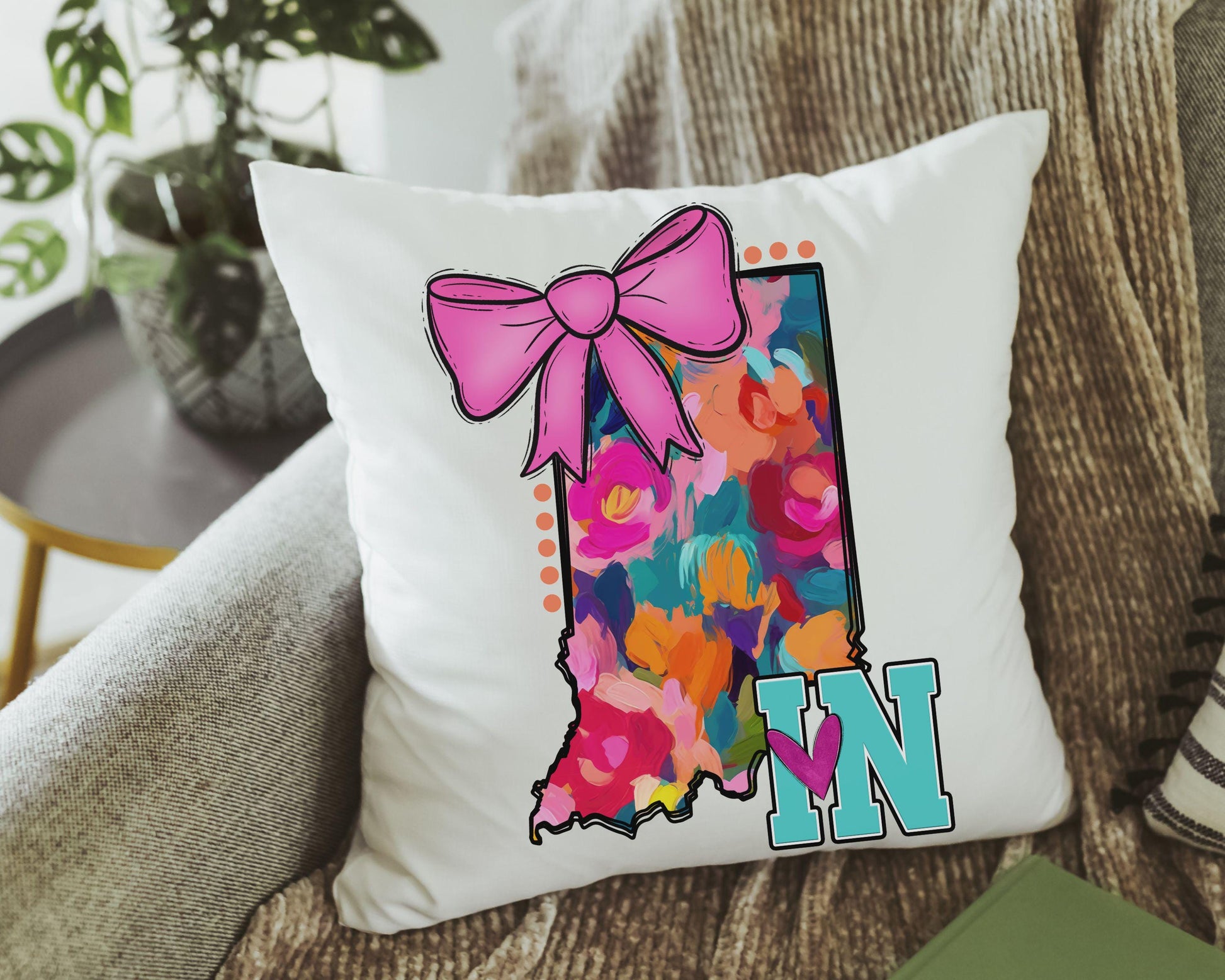 custom watercolor state coquette bow throw pillows - Indiana