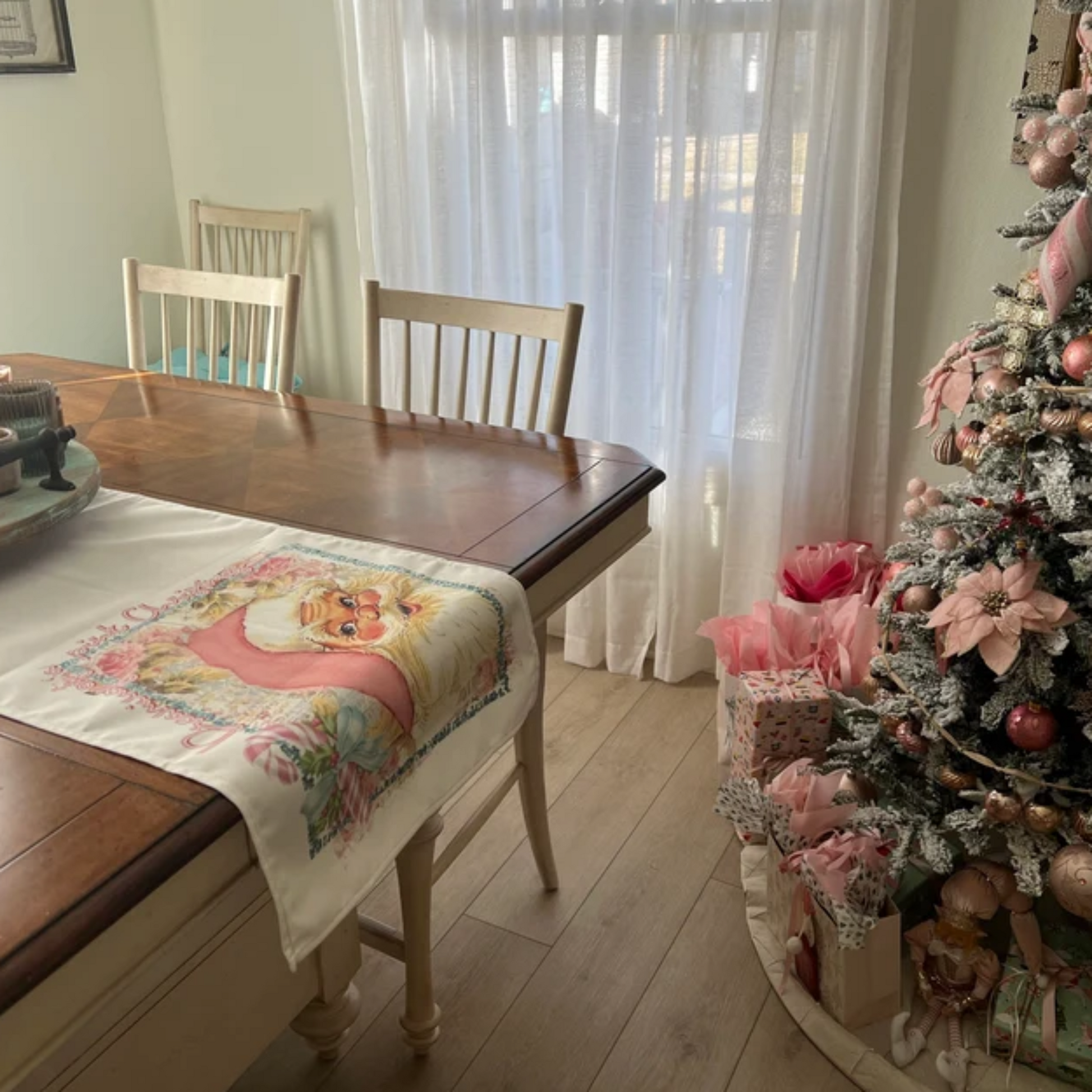 Pink Christmas Santa Table Runner, Actual table setting with pink tree