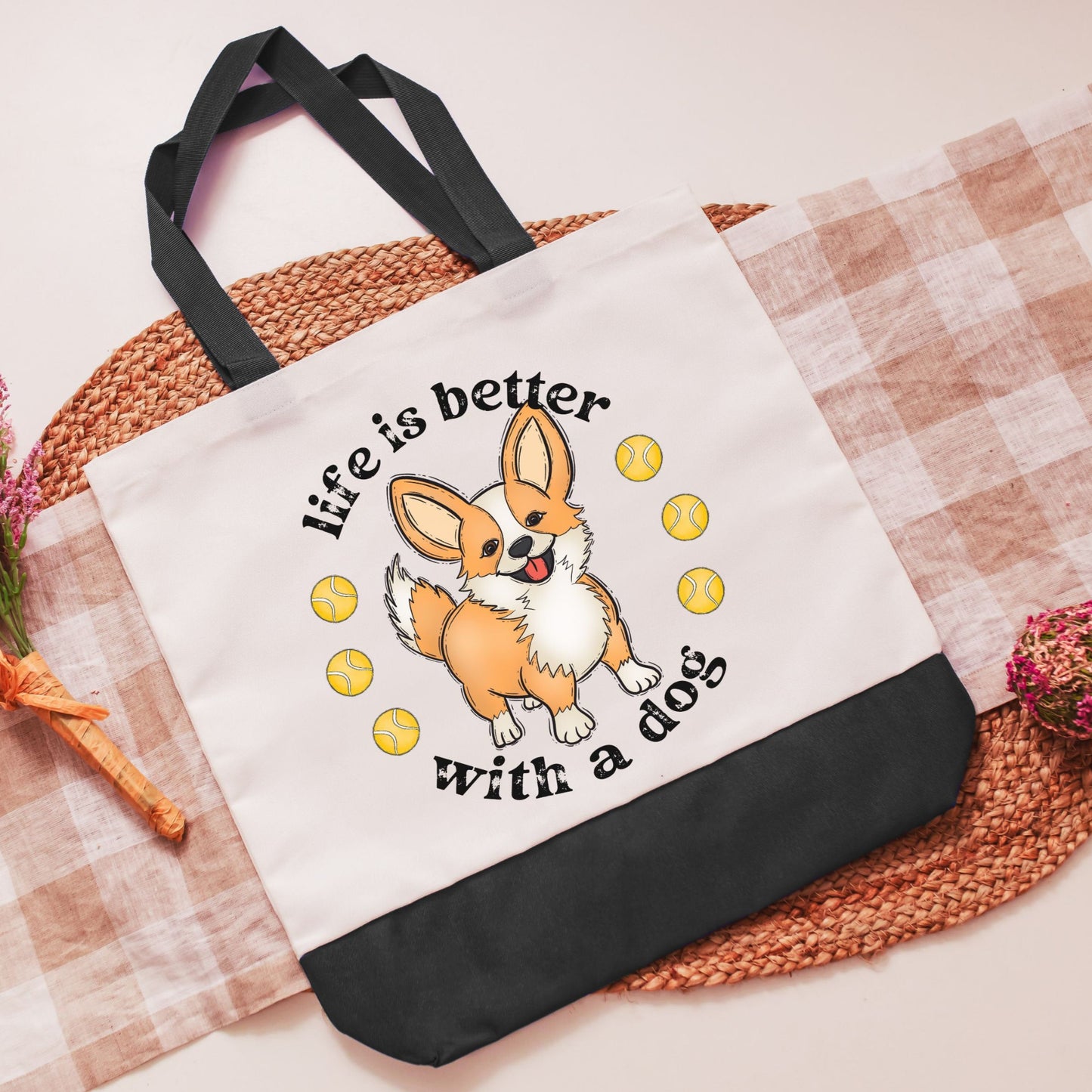 Life is better with a dog, corgi tote bag