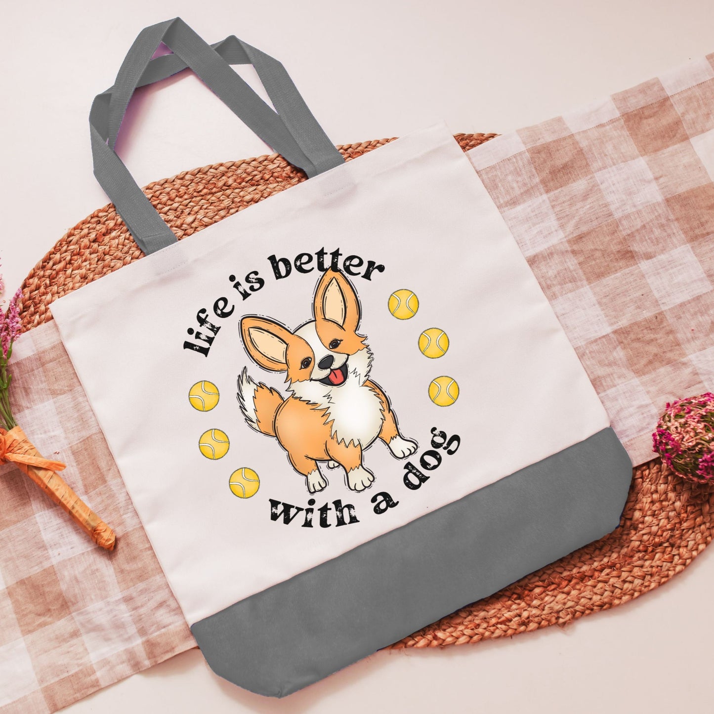 Life is better with a dog, corgi tote bag