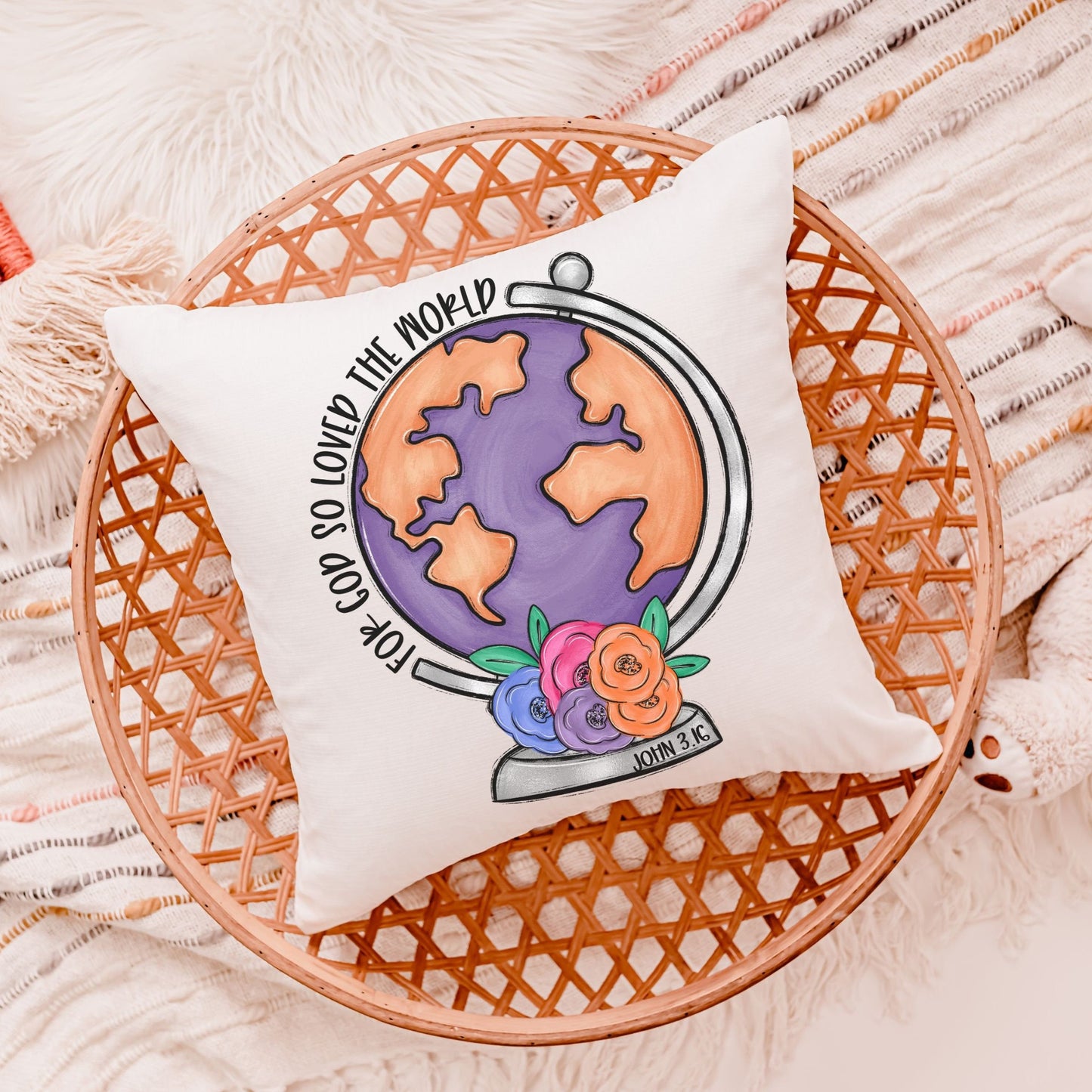 Floral Globe John 3:16 Pillow