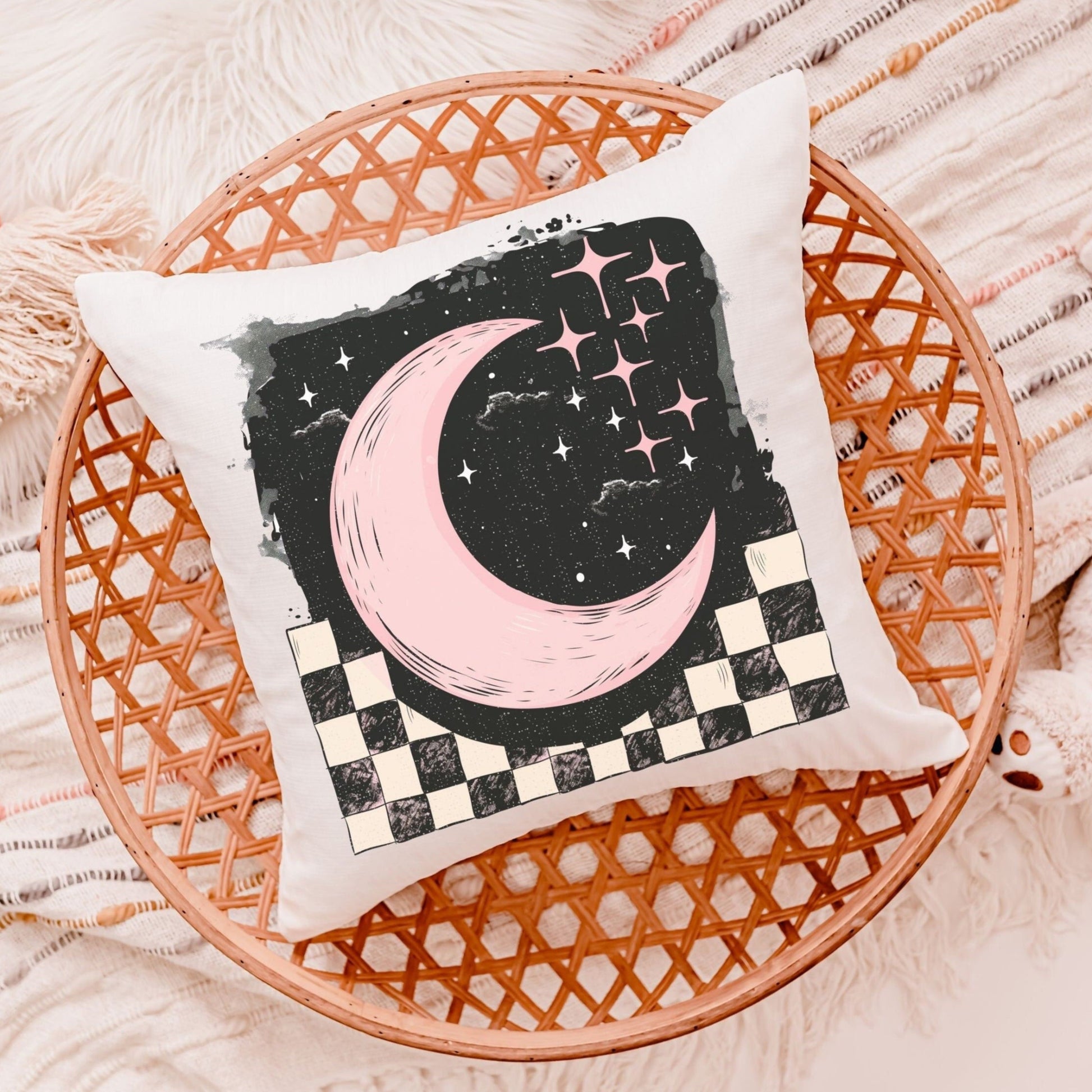 blush pink crescent moon throw pillow