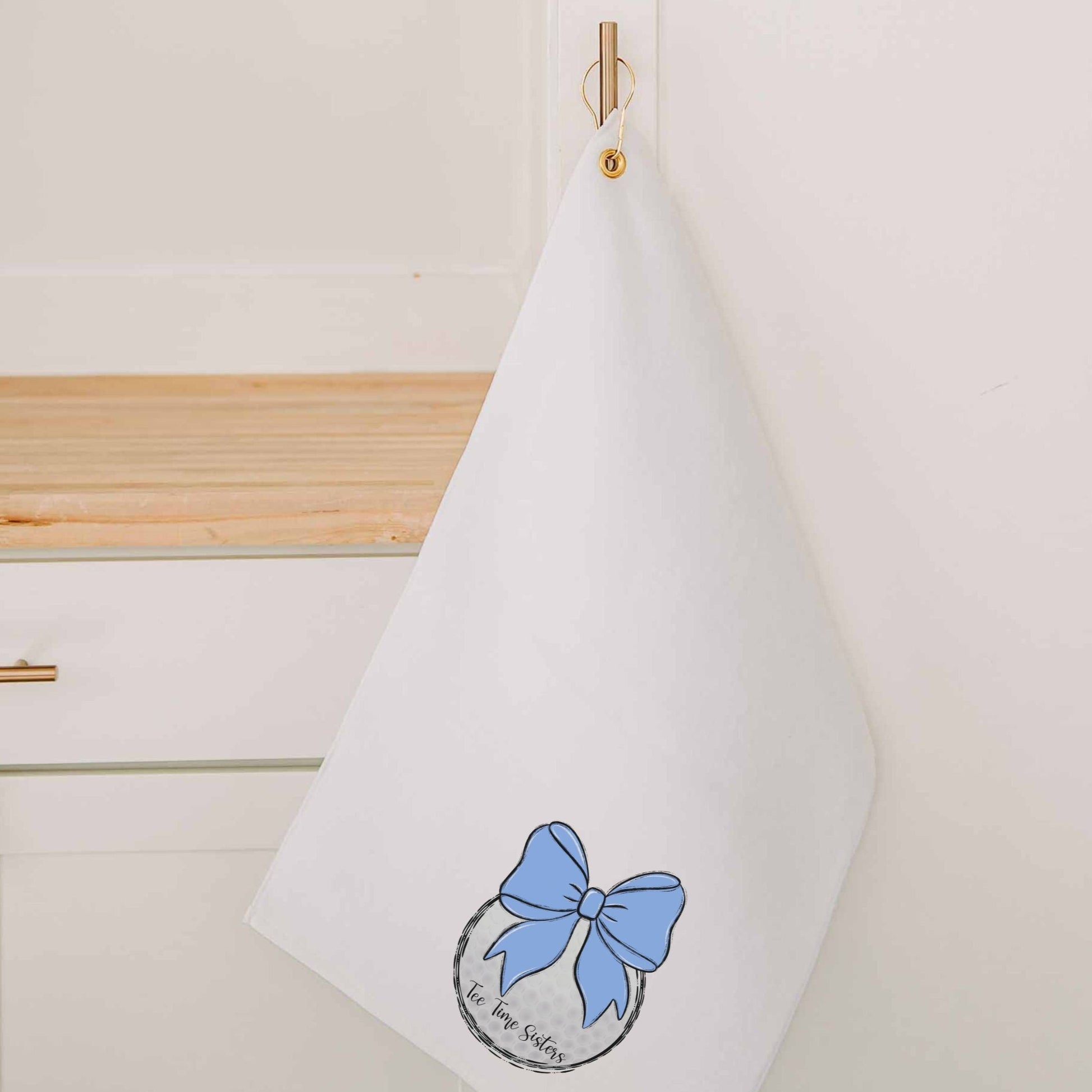 Personalized pastel blue bow golf towels with grommet