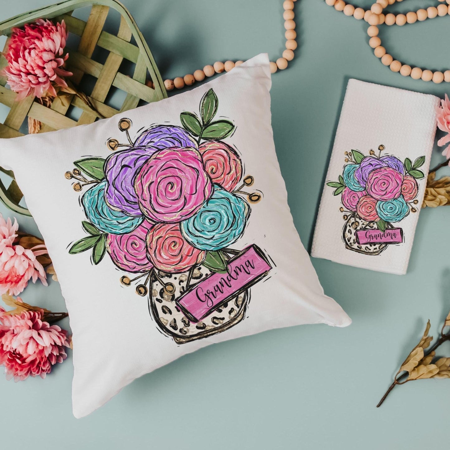 Personalized Floral Bouquet Pillow & Towel Set