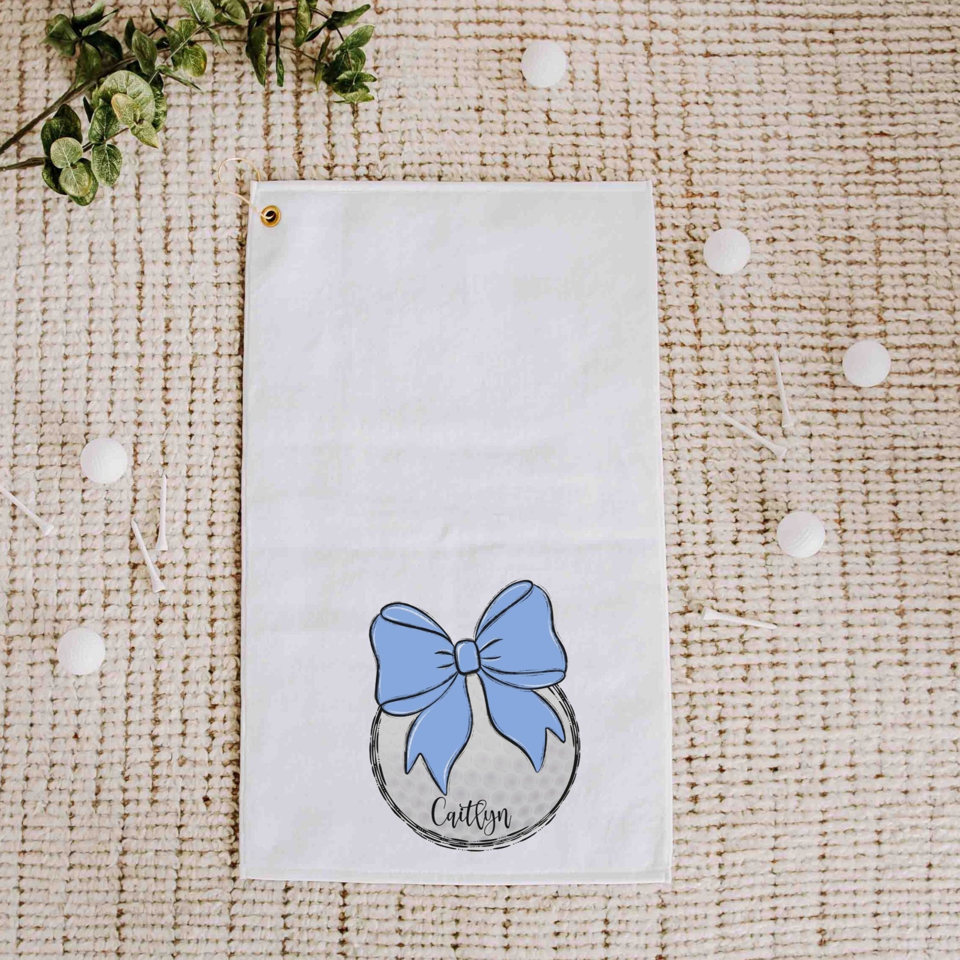 Personalized pastel blue bow golf towels with grommet