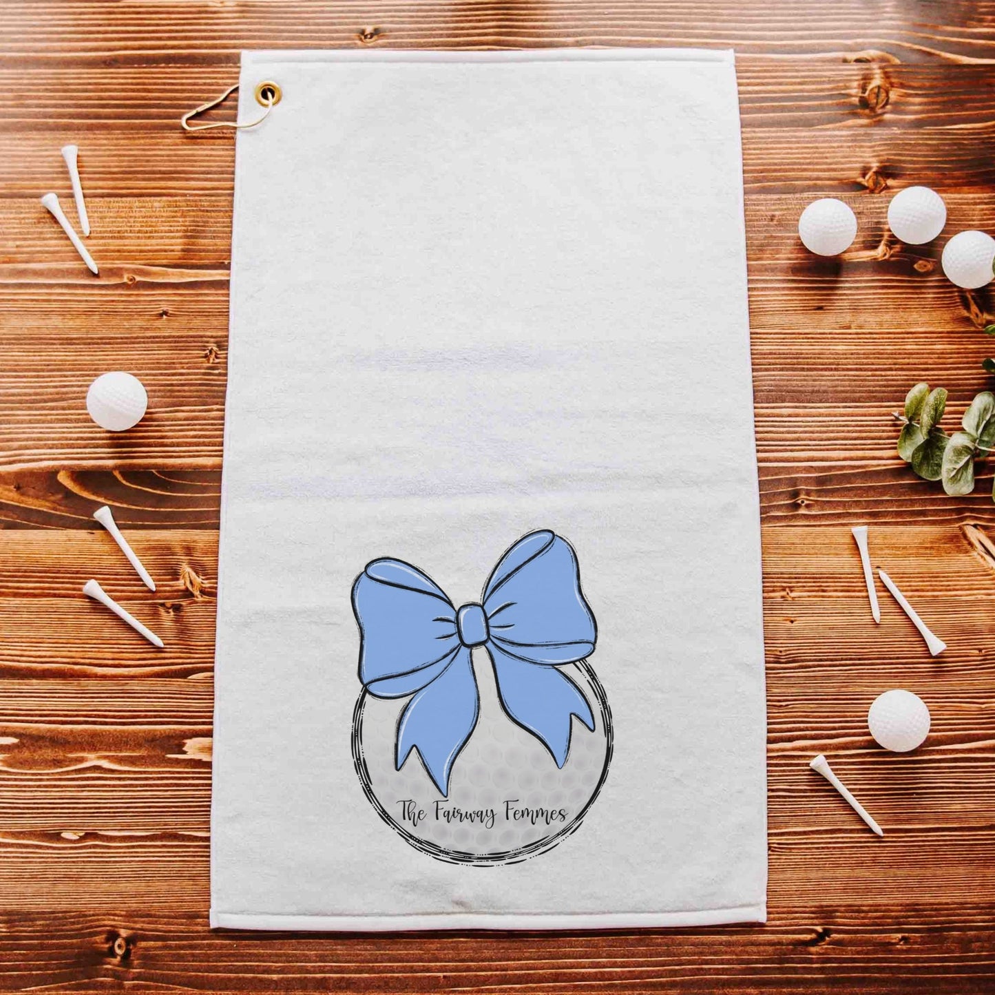 Personalized pastel blue bow golf towels with grommet