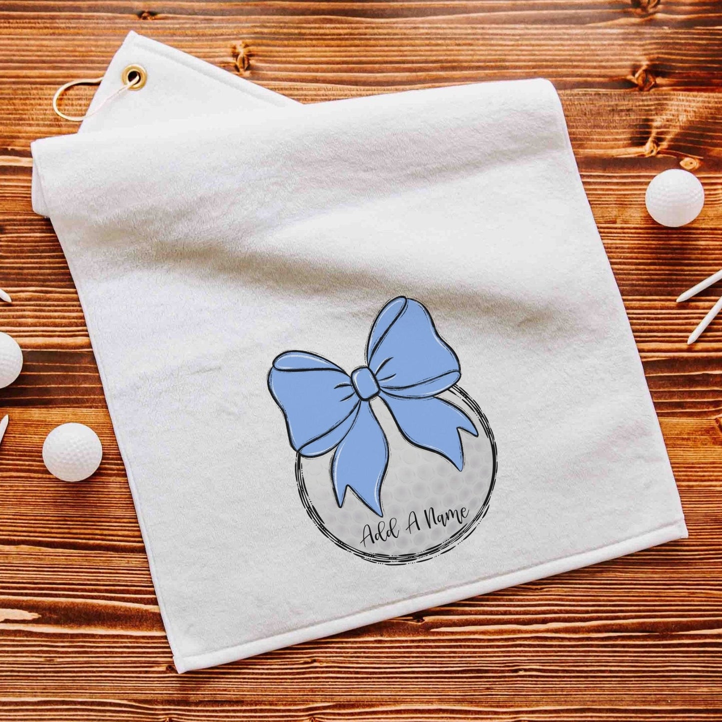 Personalized pastel blue bow golf towels with grommet