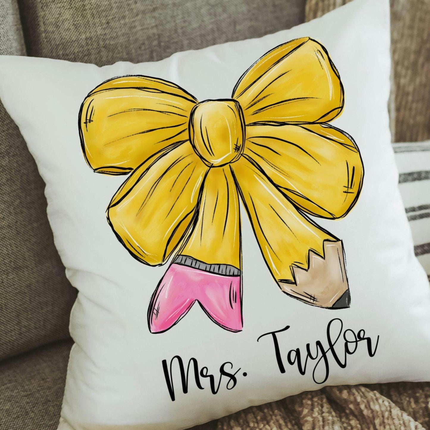 personalized teacher coquette pencil bow throw pillow