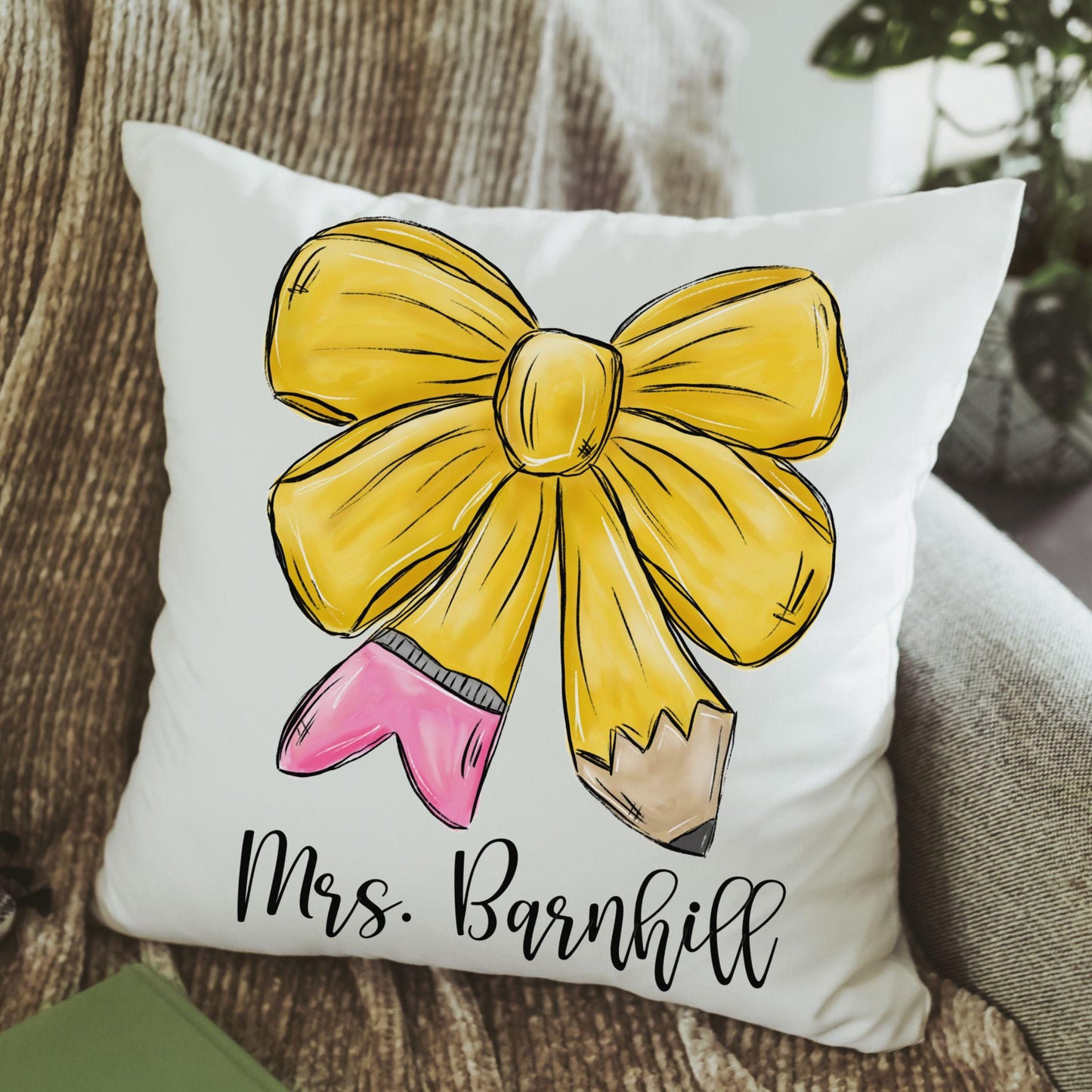 personalized teacher coquette pencil bow throw pillow