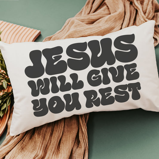 Jesus will give you rest Christian throw pillow 