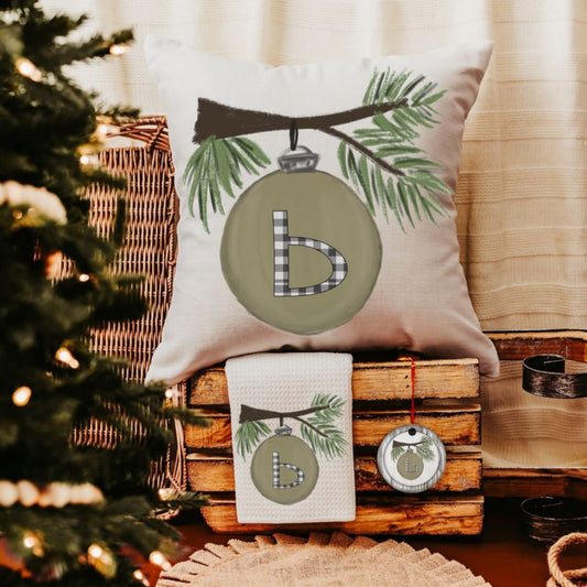 Personalized Initial Christmas Pillow, Towel & Ornament Gift Set