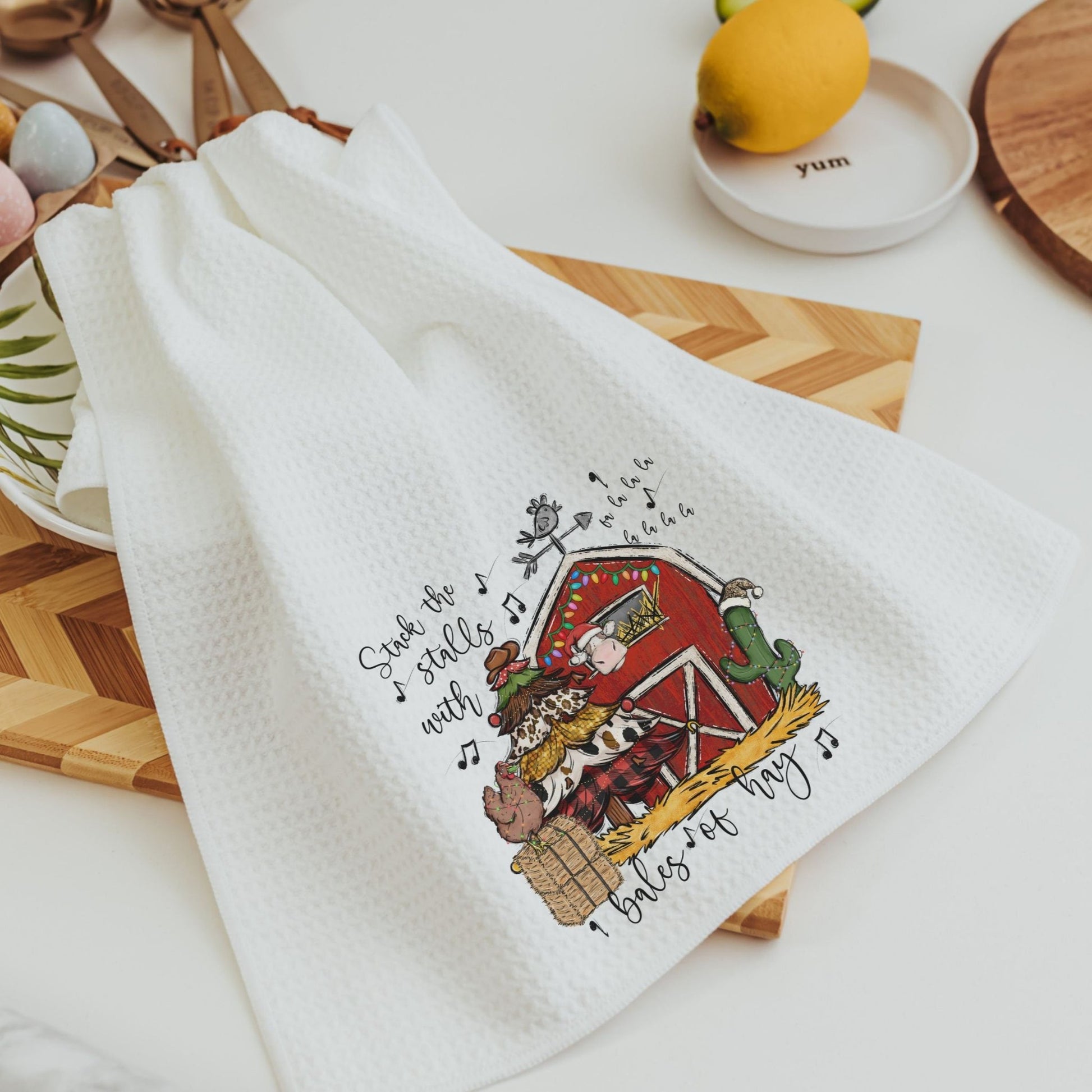 "Stack the Stalls" Farm Christmas Towels in use