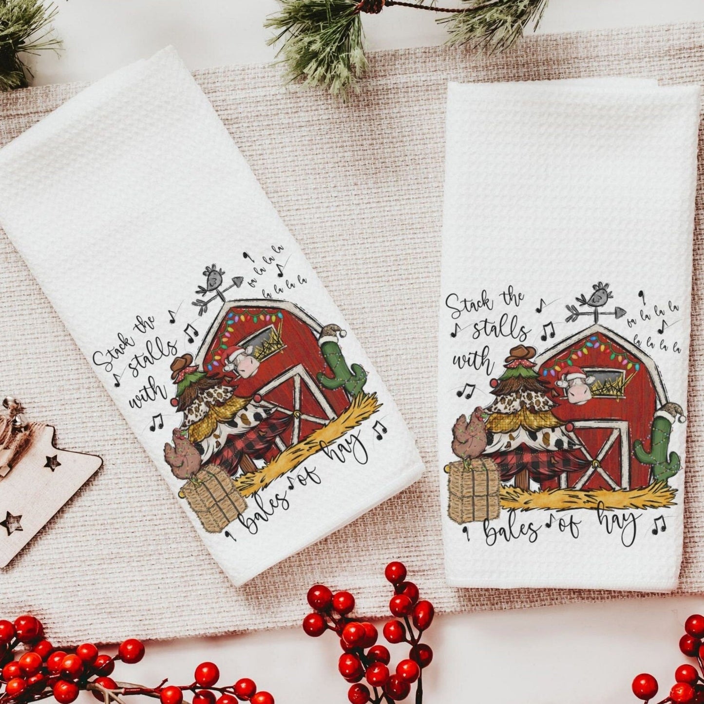"Stack the Stalls" Farm Christmas Towels set of 2