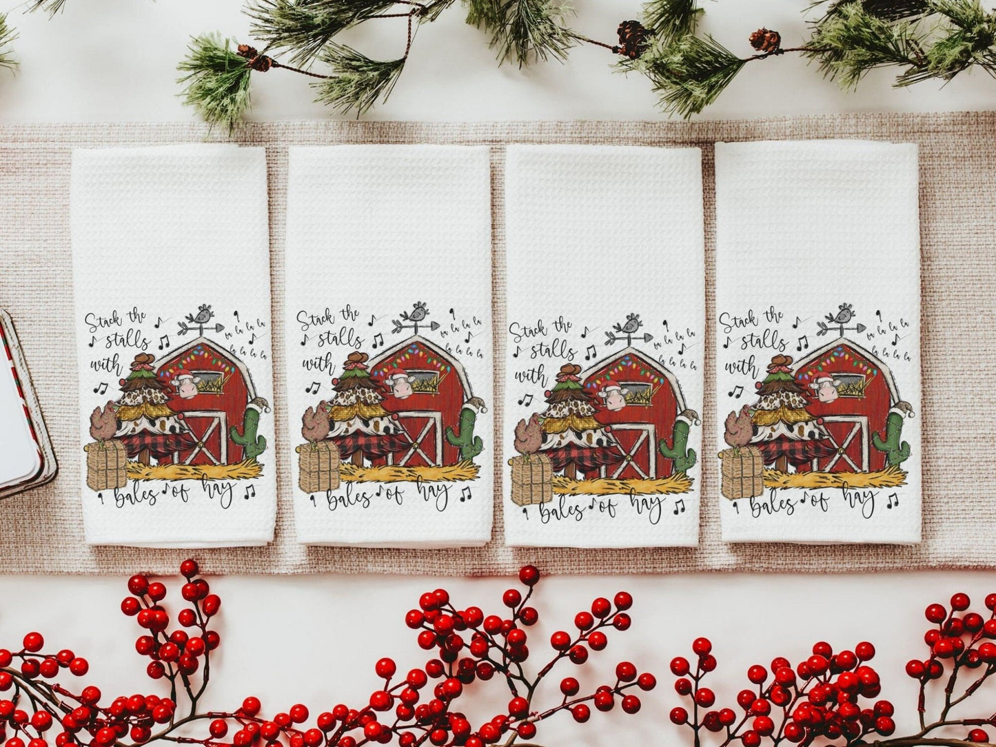 "Stack the Stalls" Farm Christmas Towels set of 4