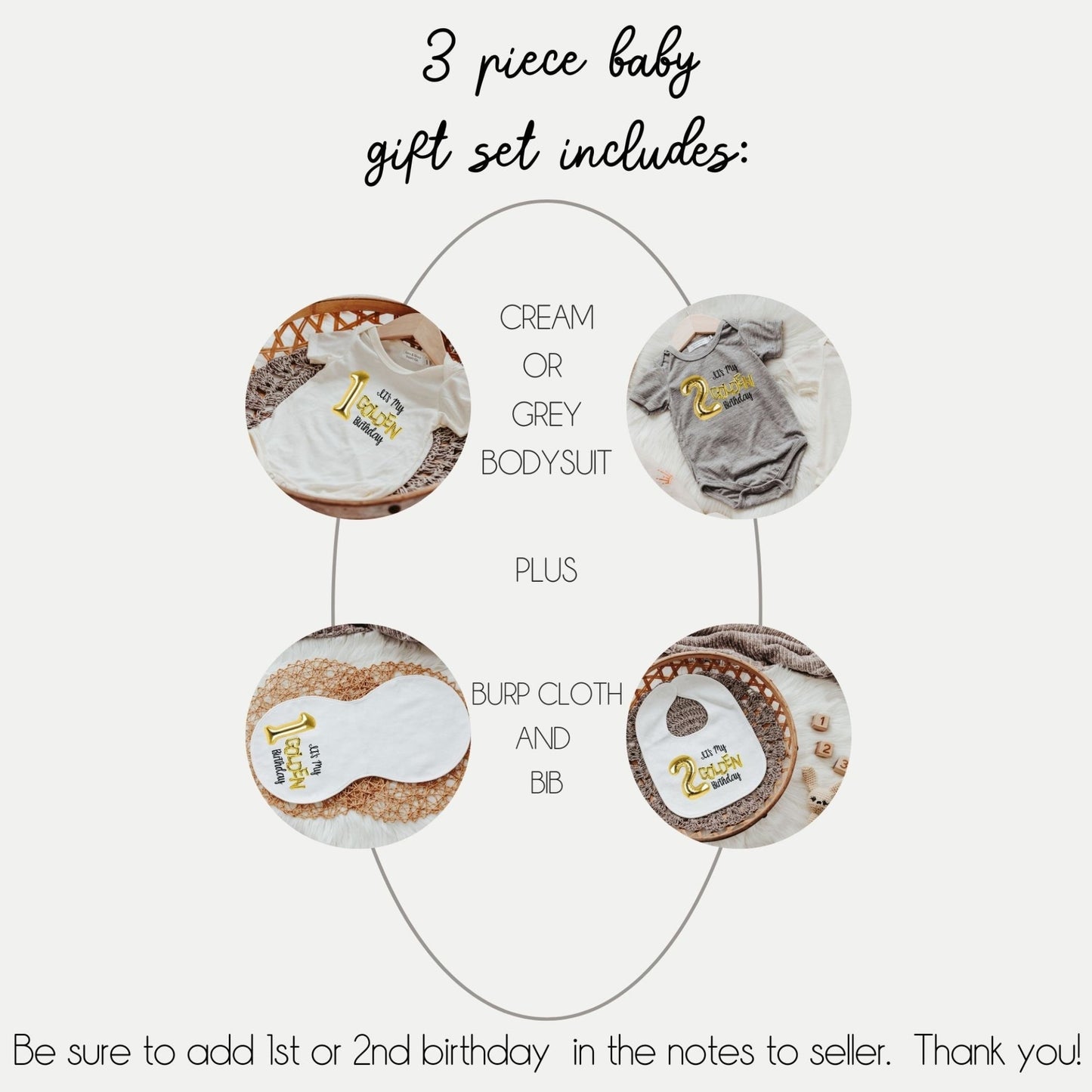 Golden birthday gift set includes bodysuit, bib, and burp cloth