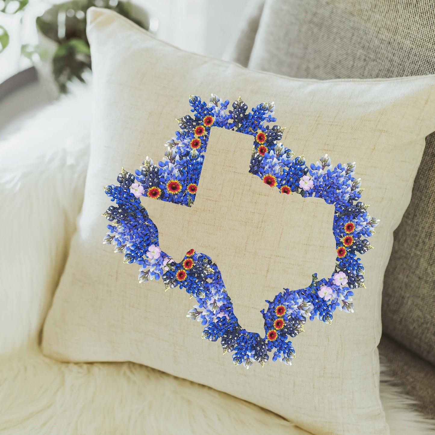 Outline of Texas in Bluebonnets pillow