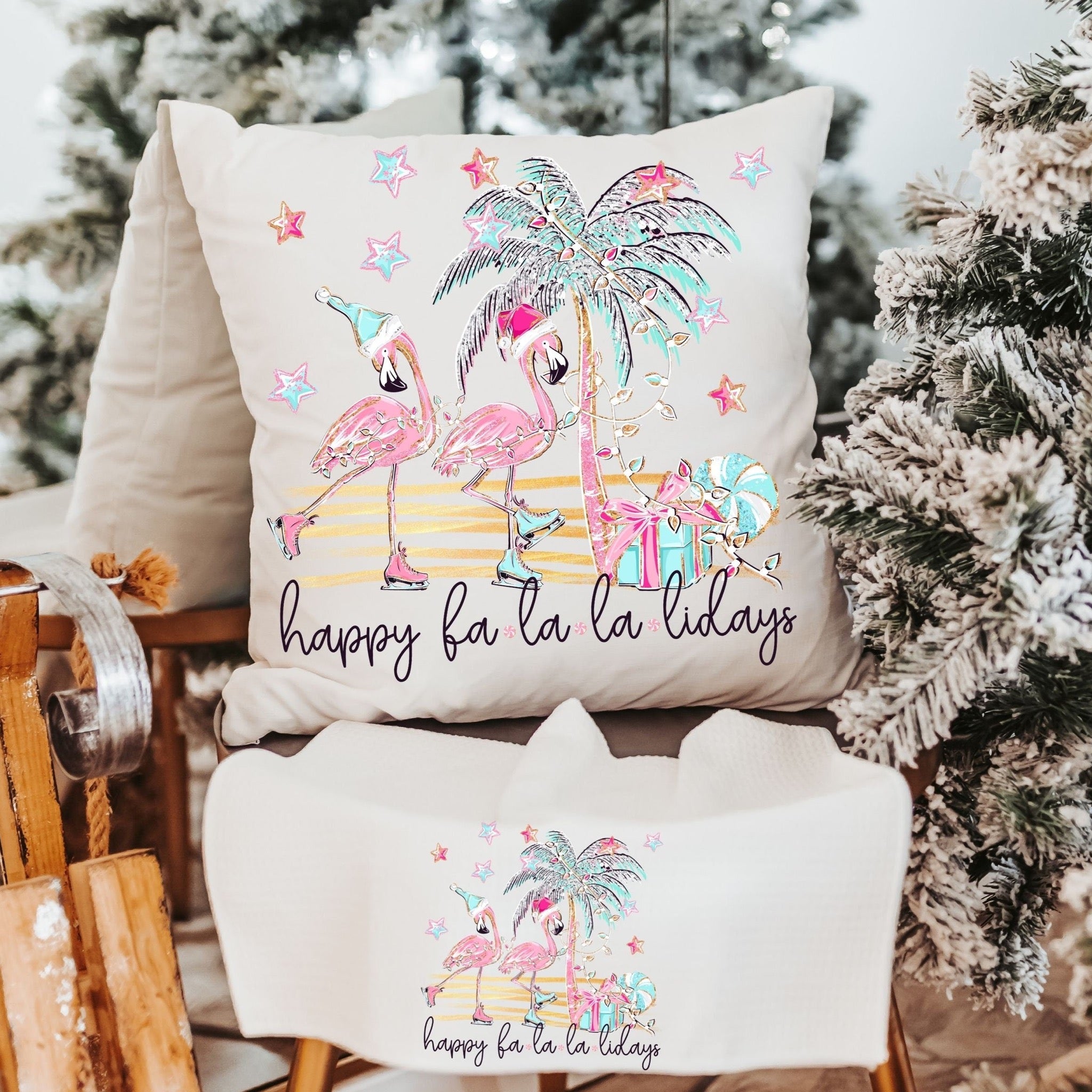 Happy Fa La La Lidays Flamingo Pillow Towel Coastal Christmas CapablebyDesign Capable by Design