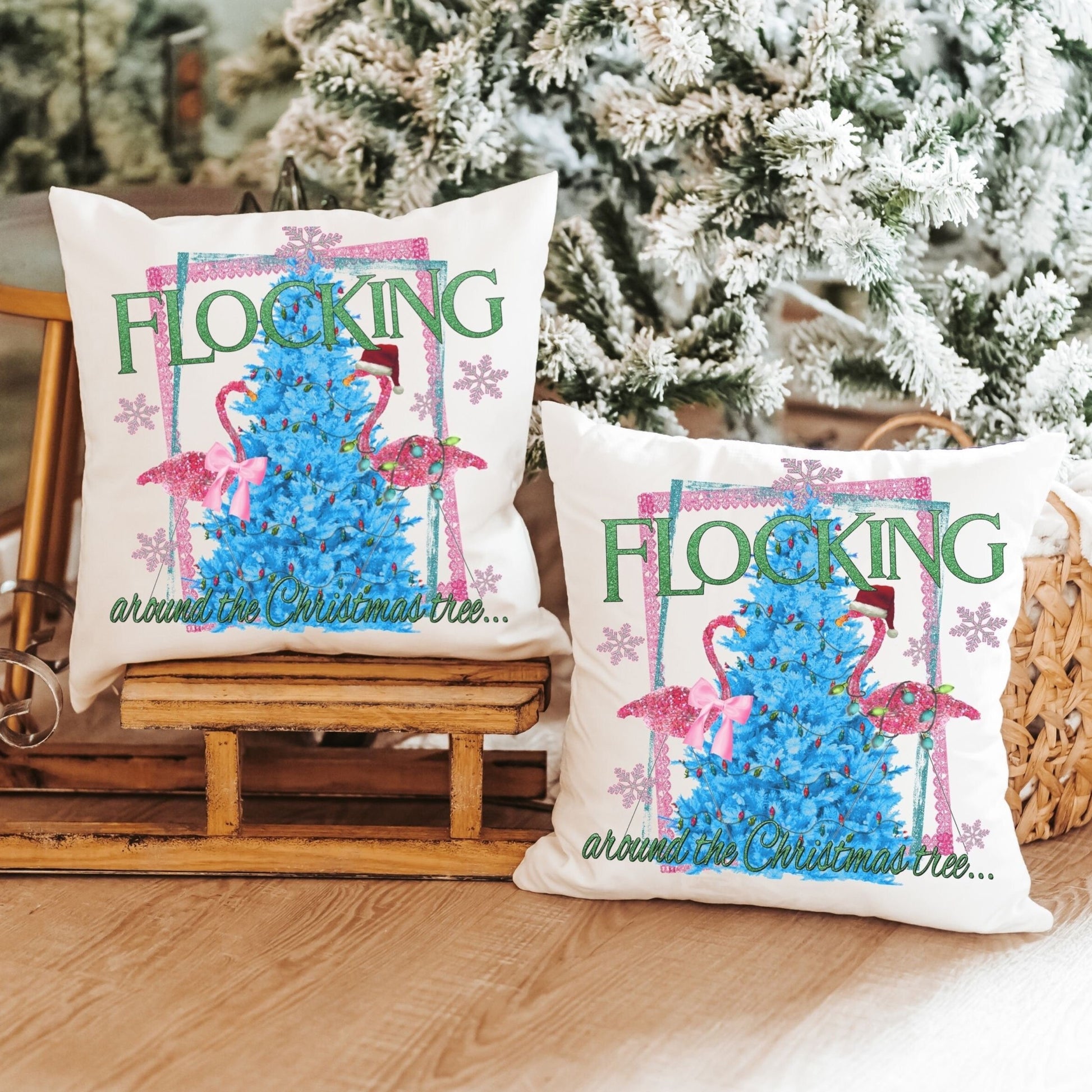 Flocking Around The Christmas Tree Flamingo Pillow and Towel Gift Set