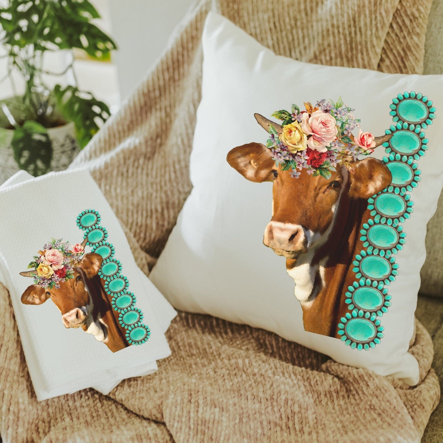 Floral Cow Kitchen Towel and Pillow Gift Set