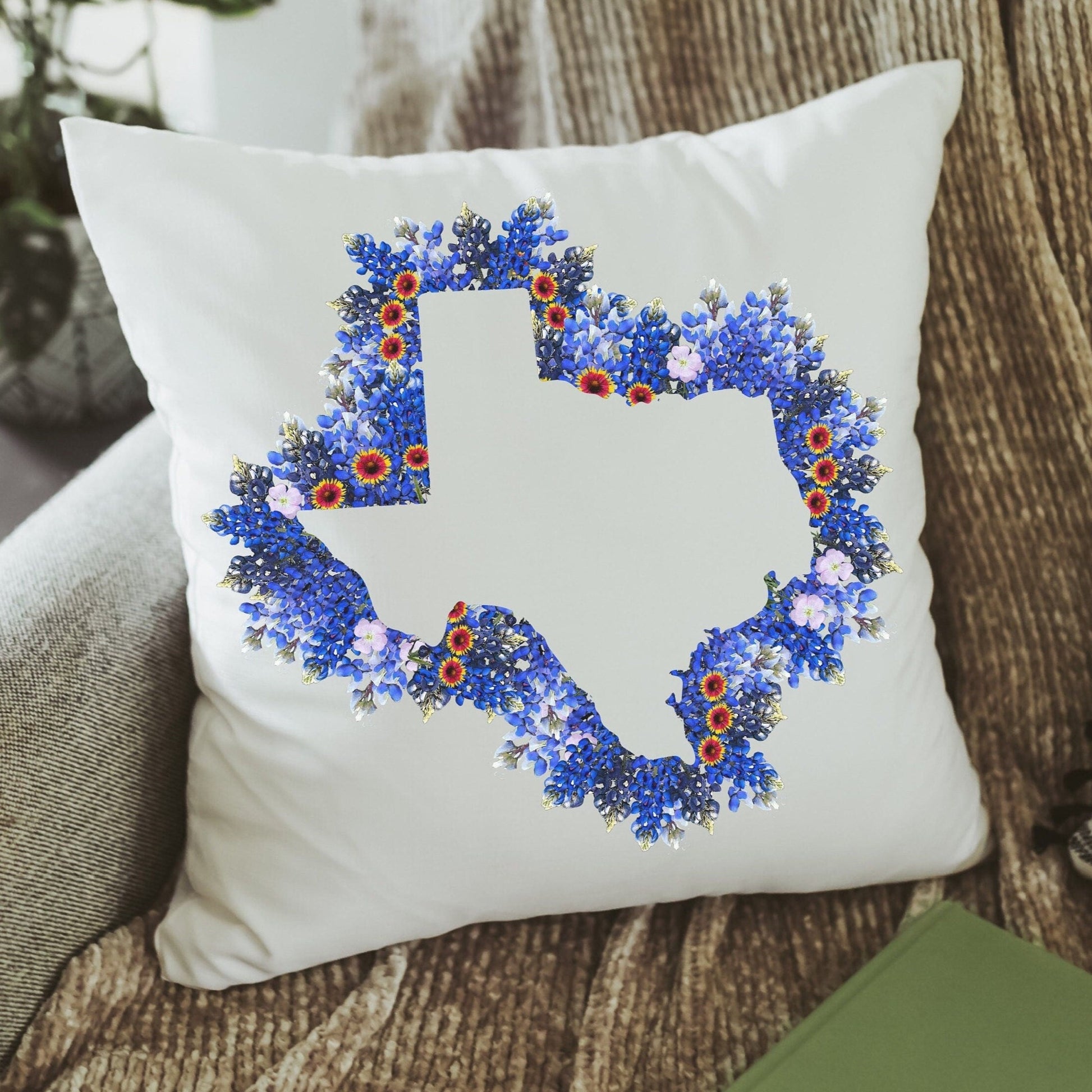 Outline of Texas in Bluebonnets pillow