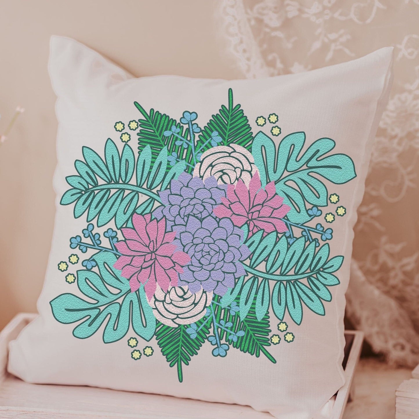 Succulent Pillow and Towel Gift Set
