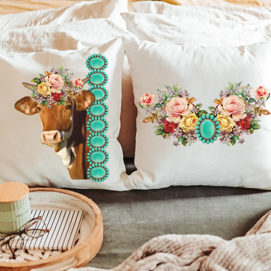 Floral Cow Throw Pillow Set