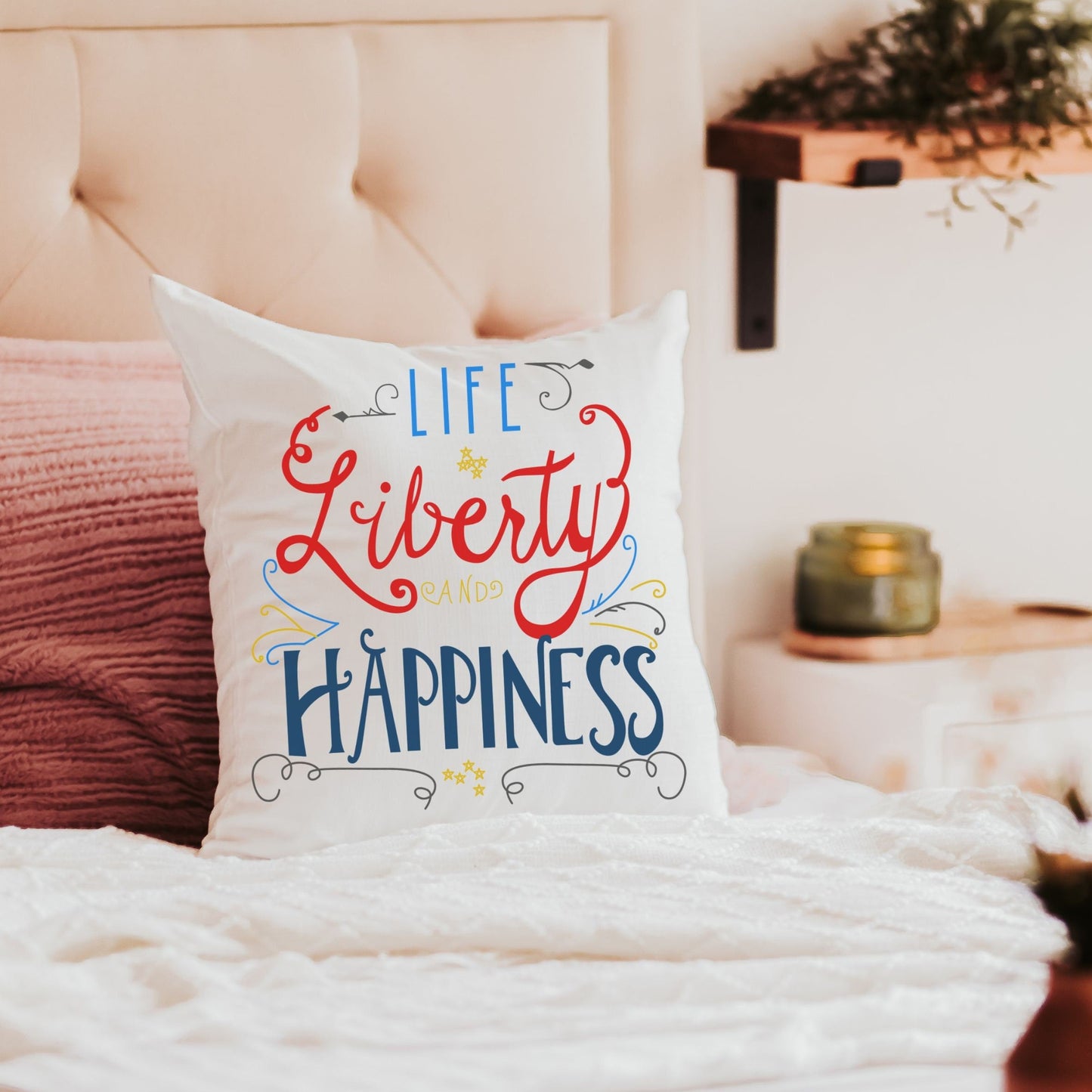 Life liberty happiness throw pillows