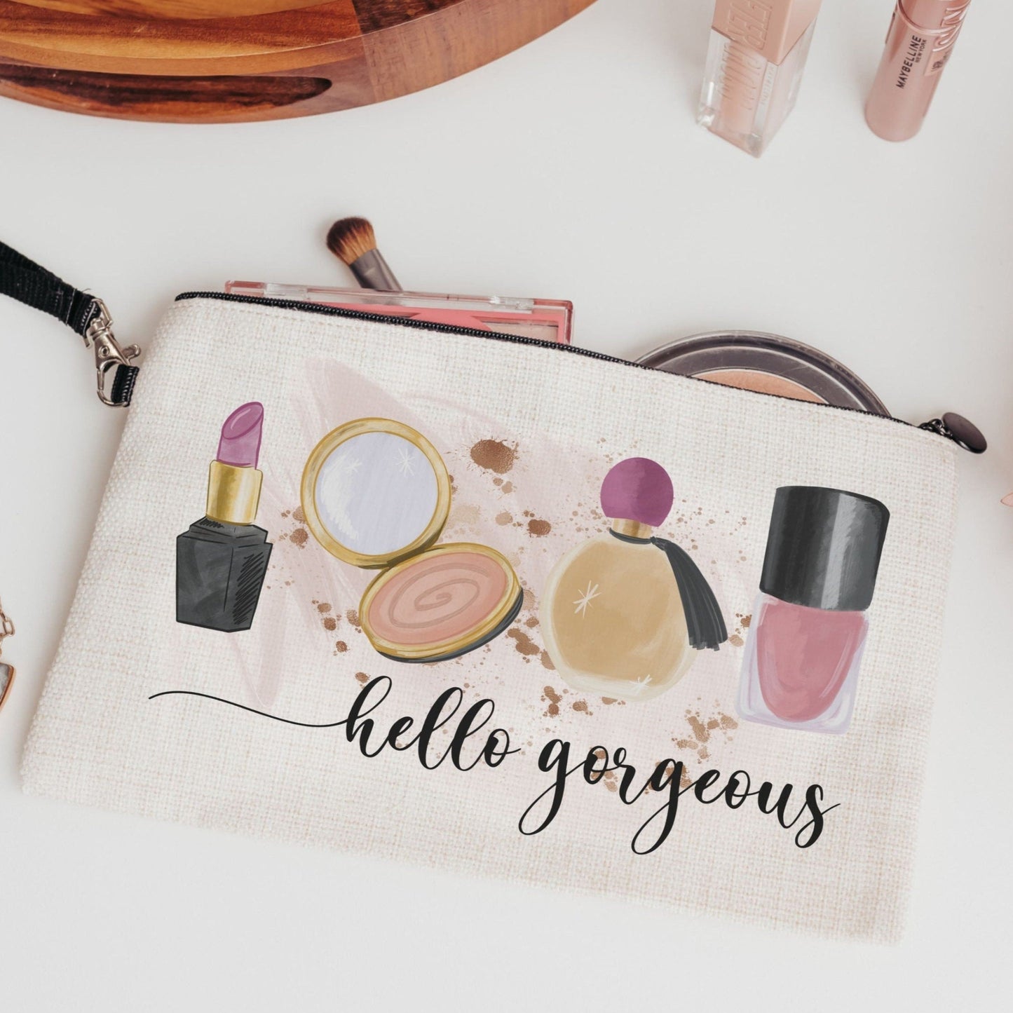 Front view of Hello Gorgeous makeup bag