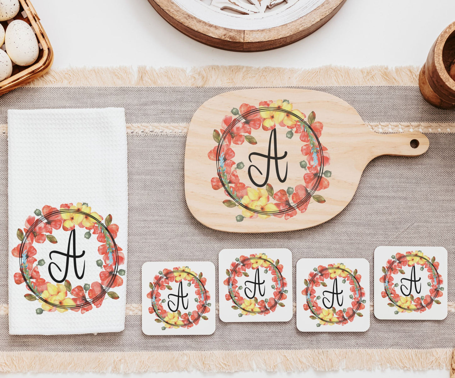 Personalized poppy cutting boards, towel, and coaster set