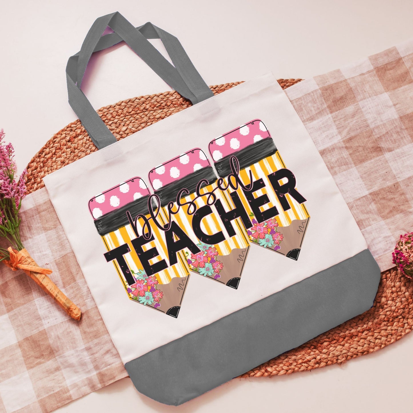 Blessed teacher tote bag - gray