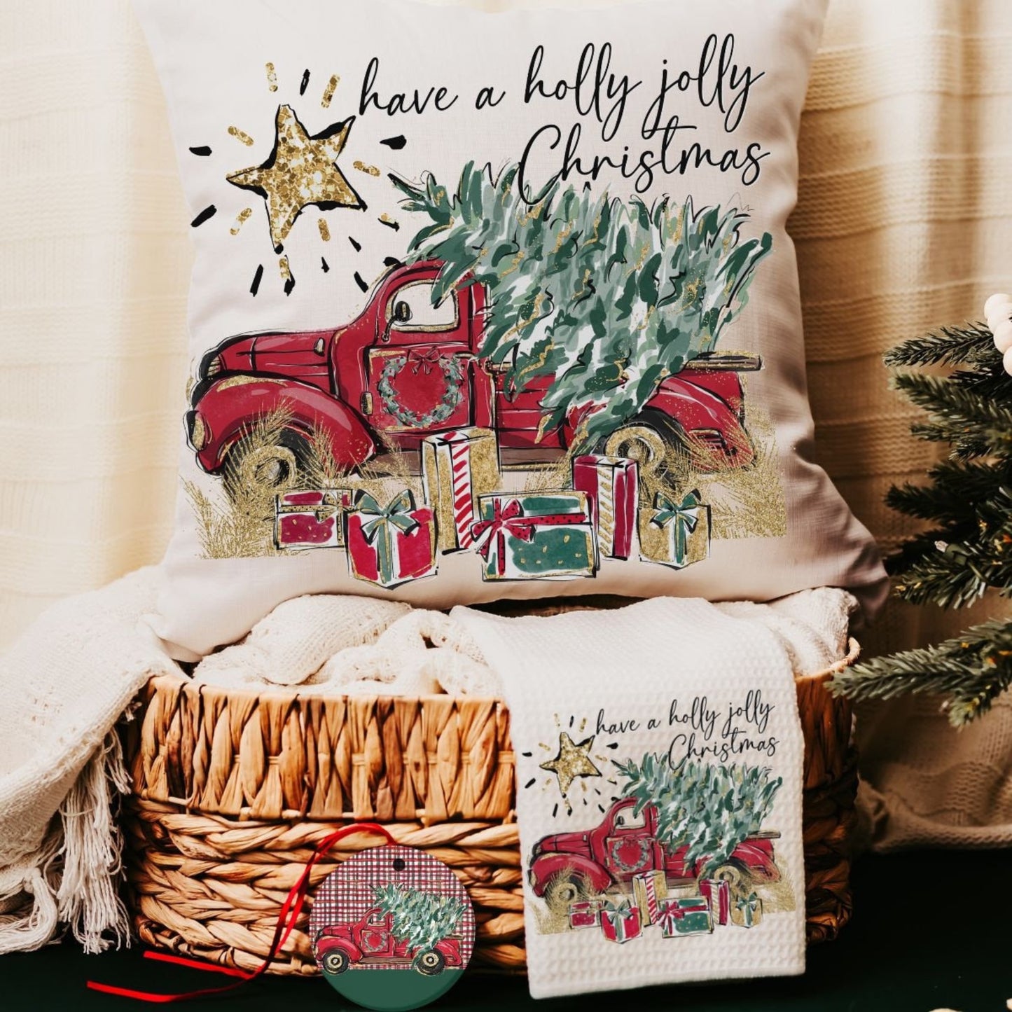 Have A Holly Jolly Christmas Pillow, Ornament & Towel Gift Set