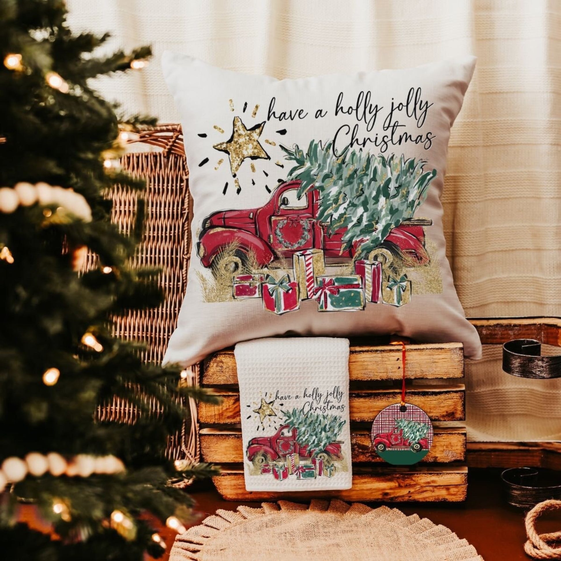 Have A Holly Jolly Christmas Pillow, Ornament & Towel Gift Set