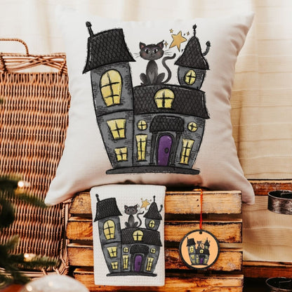 Halloween haunted house pillow, towel, and ornament gift set