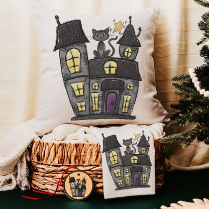Halloween haunted house pillow, towel, and ornament gift set