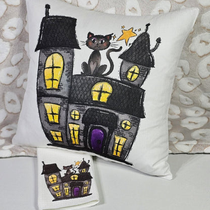 Halloween haunted house pillow and towel