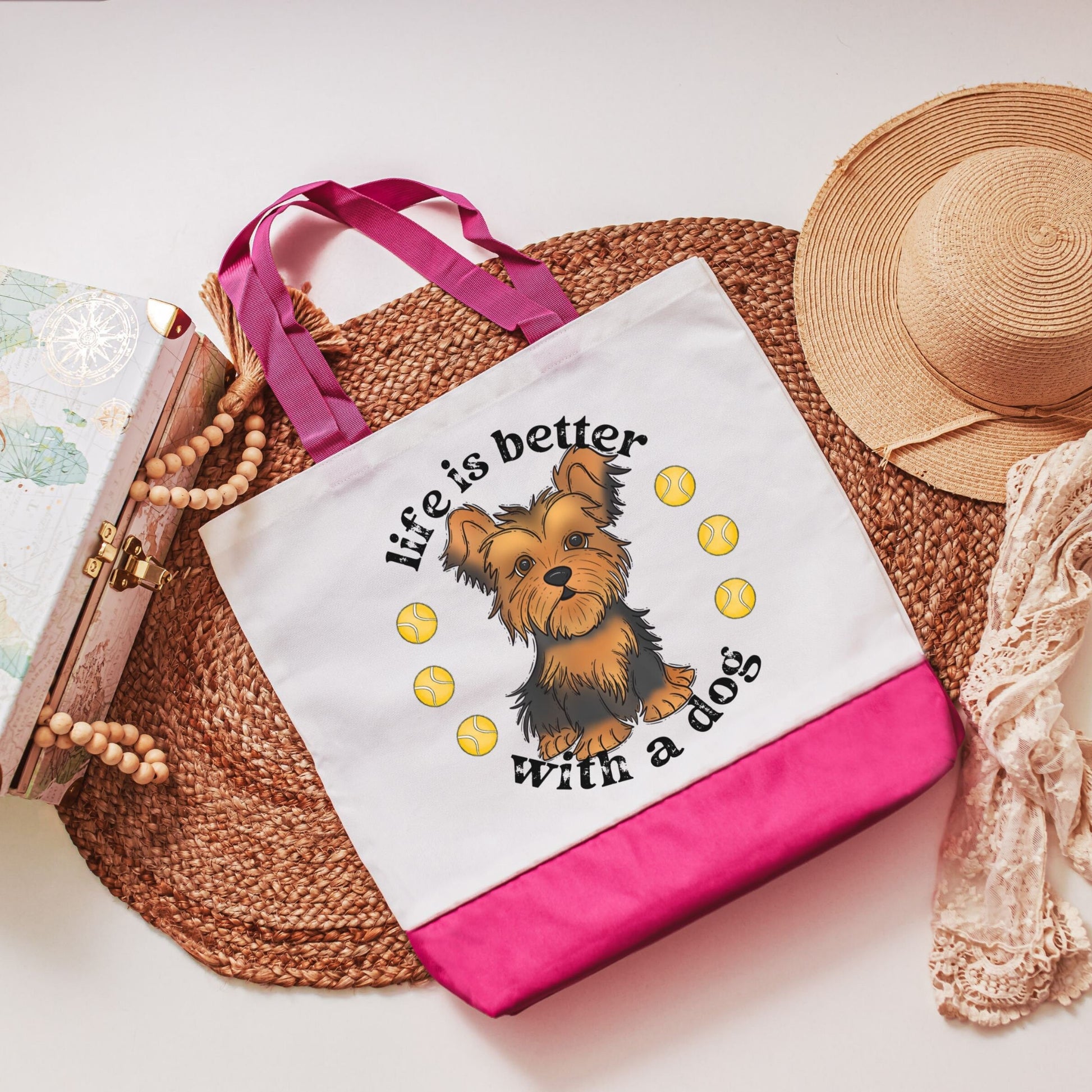 Life is better with a yorkie dog tote bag - pink